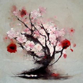 لوحة زيتية, زهور الكرز, ياباني, مجرد, حزين, حزن